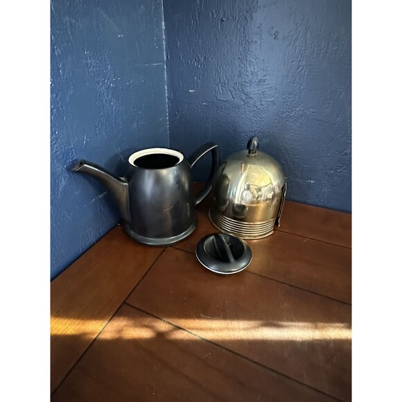 Vintage Ceramic Tea Pot with Insulated Metal Cozy Cover Black - Picture 1 of 7
